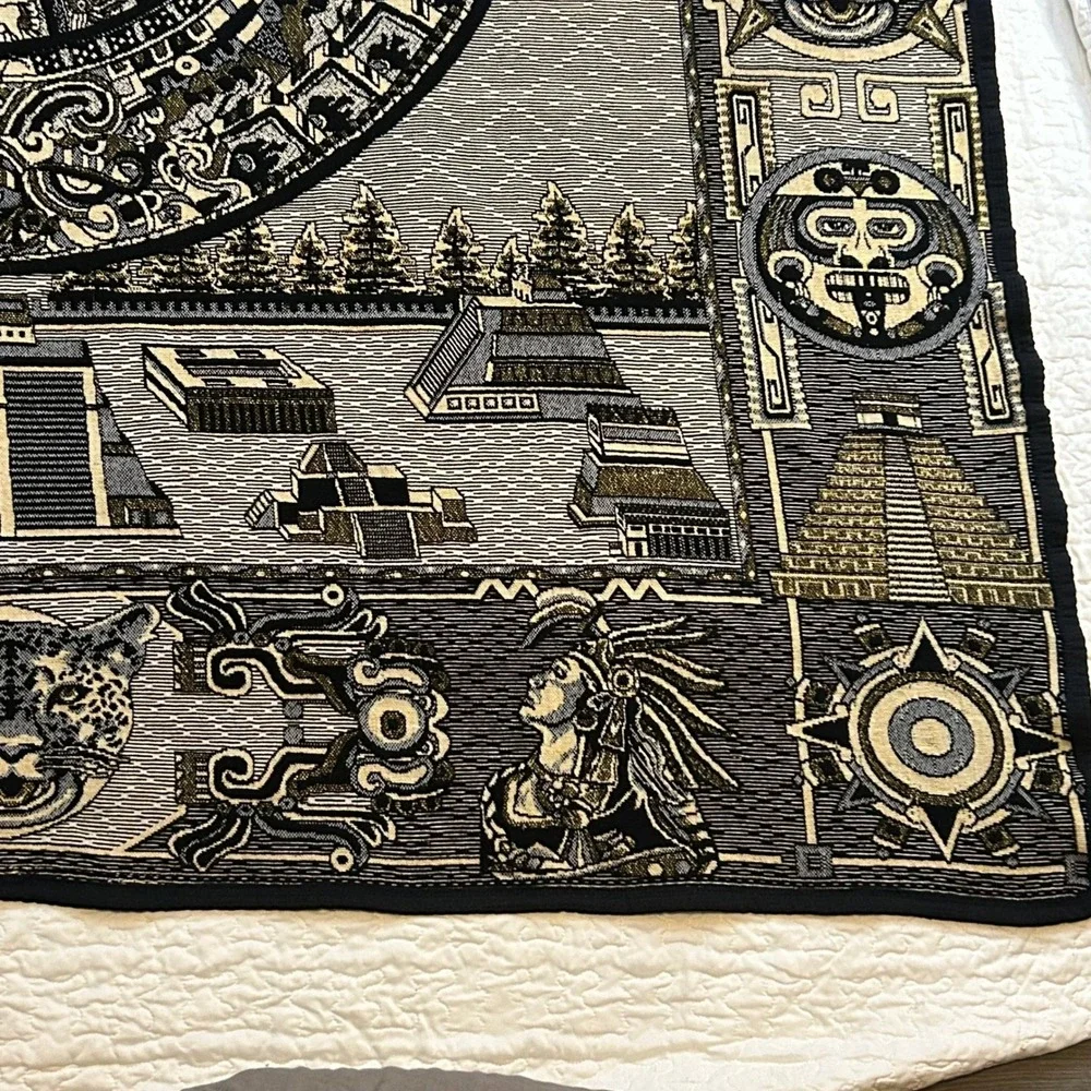Mexican Aztec Mayan Sun Stone Calendar Woven Tapestry Blanket Jaguar Pyramids